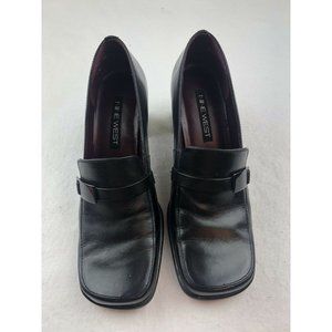 black leather square toe block heel career loafer